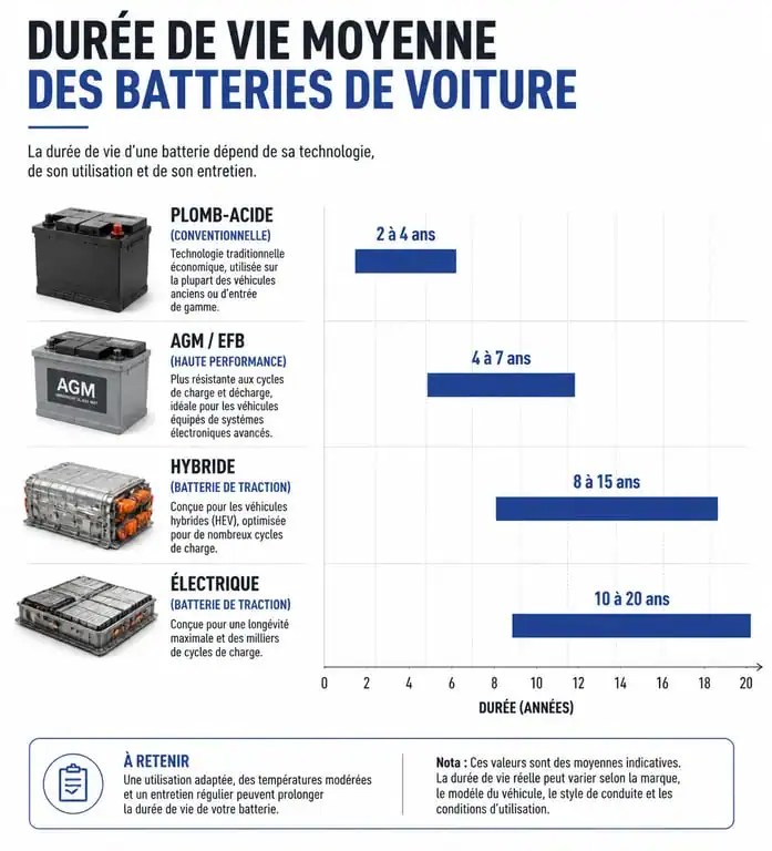 Infographie comparative de la durée de vie des batteries de voiture selon la technologie