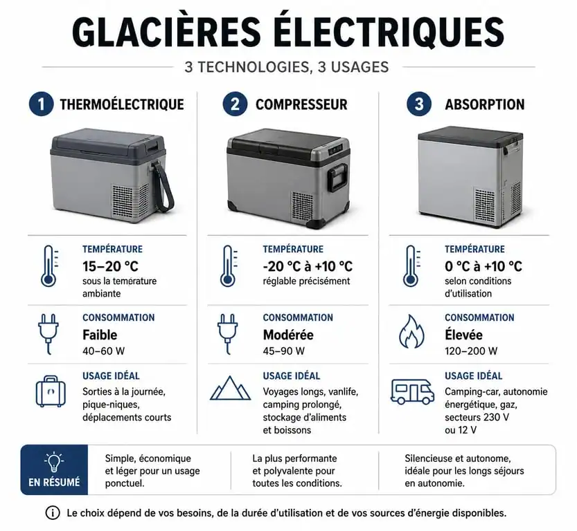 Infographie comparative des technologies de glacière électrique pour voiture : thermoélectrique, compresseur et absorption.