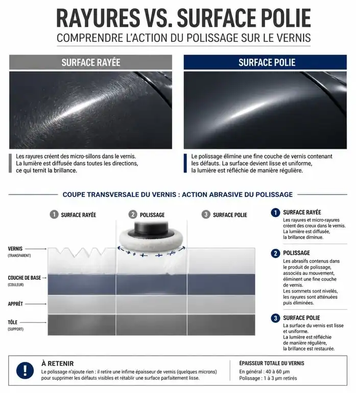 Schéma explicatif du polissage voiture : correction des micro-rayures sur le vernis