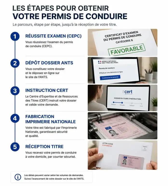 Infographie des étapes d'obtention du permis de conduire après l'examen