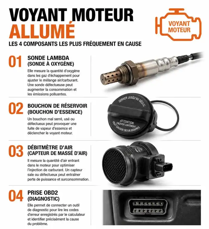 Infographie des causes fréquentes du voyant moteur allumé