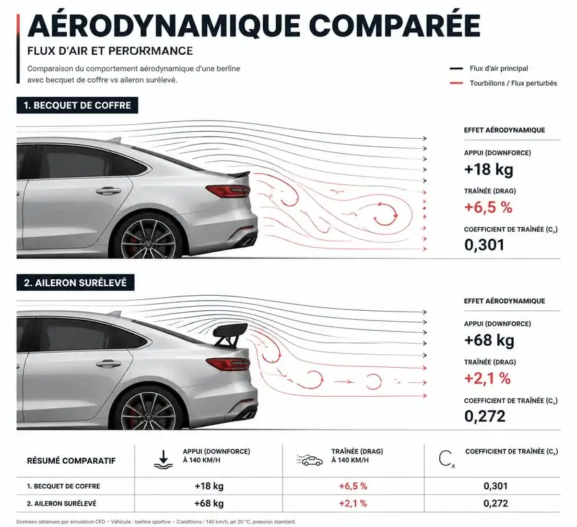Schéma technique comparatif entre un becquet de voiture et un aileron pour comprendre l'aérodynamisme.
