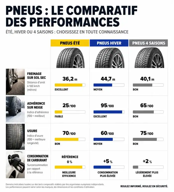 Comparatif des performances entre pneus été, pneus hiver et pneus 4 saisons pour comprendre pourquoi les pneus 4 saisons sont à éviter selon l'usage.