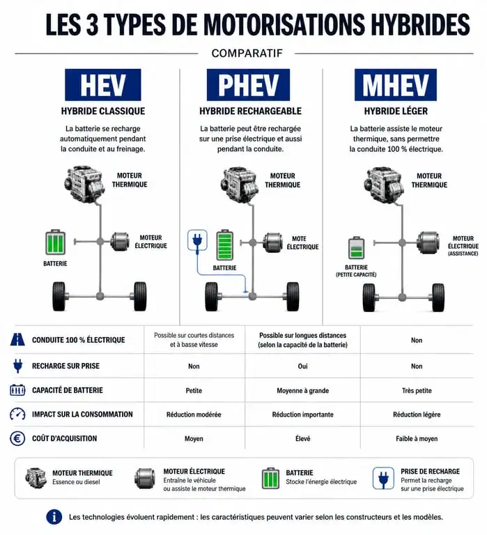 Comparatif des technologies hybrides HEV, PHEV et MHEV pour choisir la meilleure voiture hybride