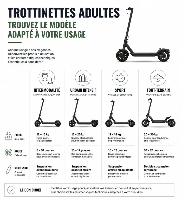 Infographie comparative des profils d'utilisation de trottinette adulte