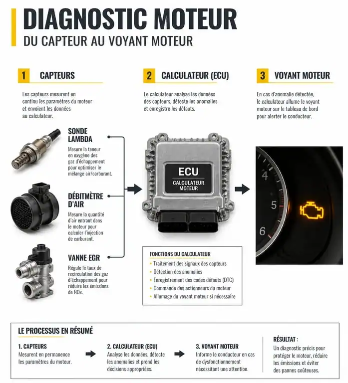 Schéma explicatif du système de diagnostic moteur OBD-II et des composants liés au voyant moteur