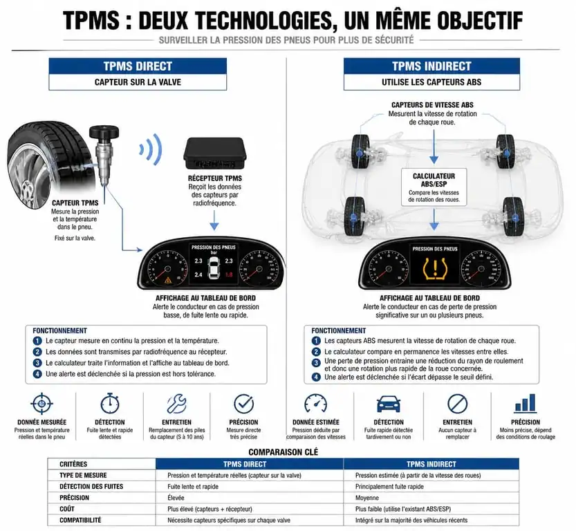 Schéma comparatif du fonctionnement du voyant pression des pneus TPMS direct et indirect