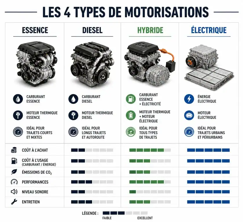 Infographie comparative des motorisations de voiture : essence, diesel, hybride et électrique.