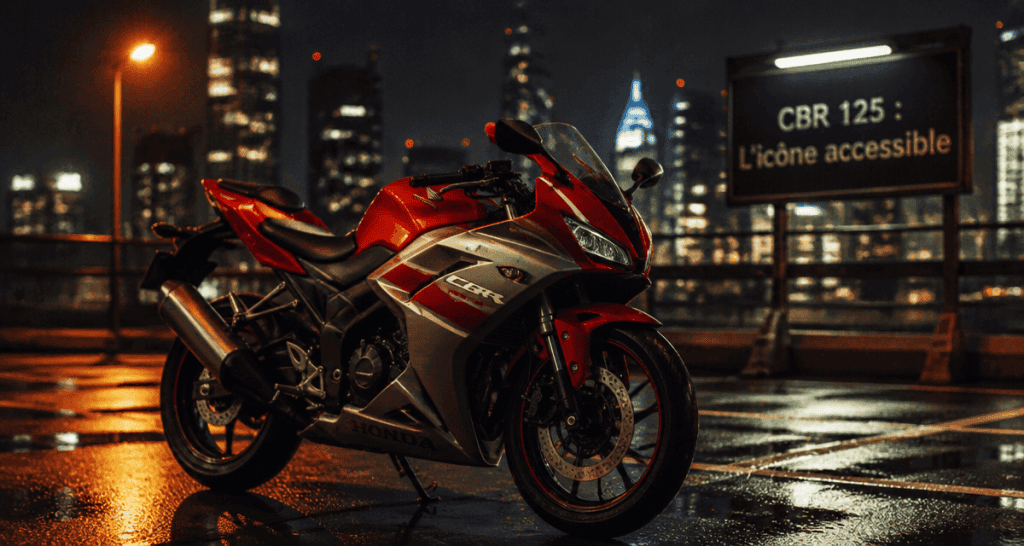 honda cbr 125 rouge stationnée en ville au crépuscule