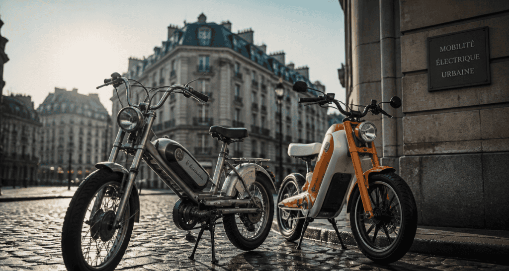 mobylette electrique retro et moderne sur rue urbaine