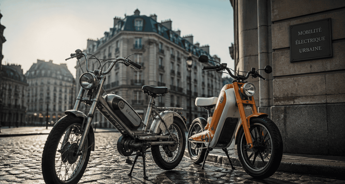 mobylette electrique retro et moderne sur rue urbaine