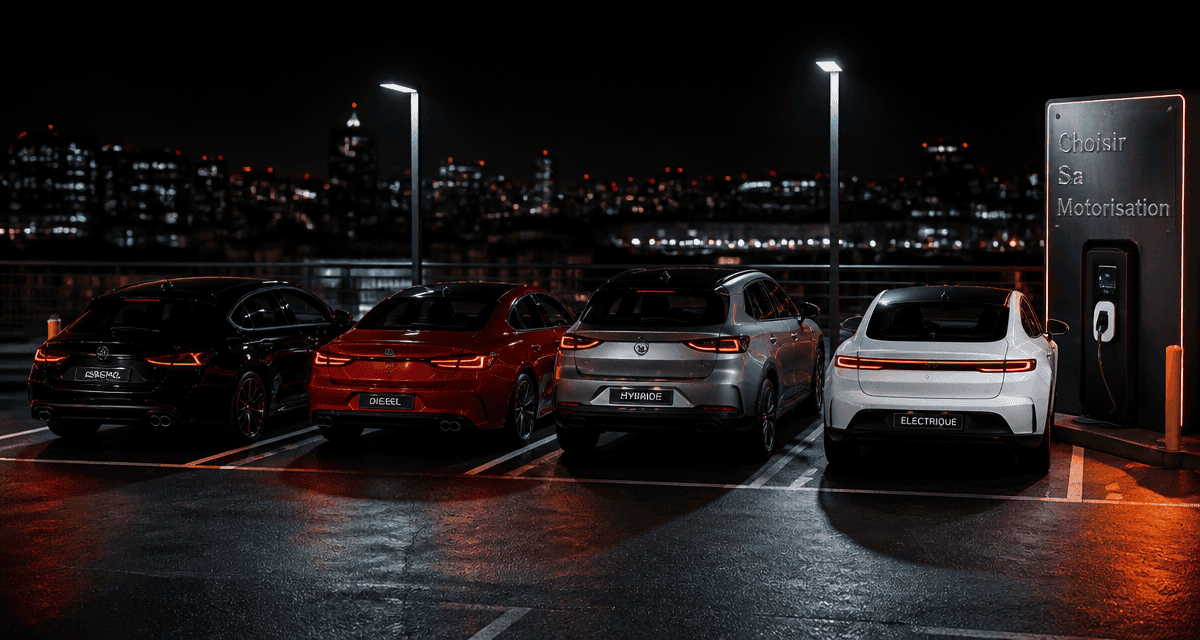 motorisation voiture quatre types alignés parking nuit