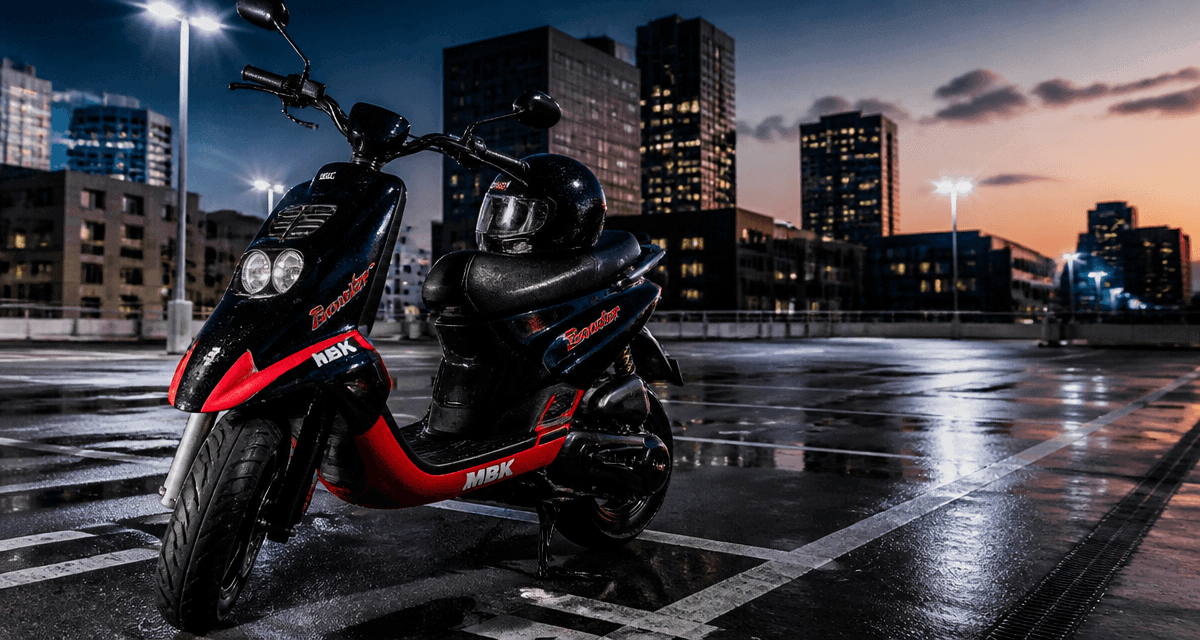 scooter booster 50cc noir rouge sur parking urbain