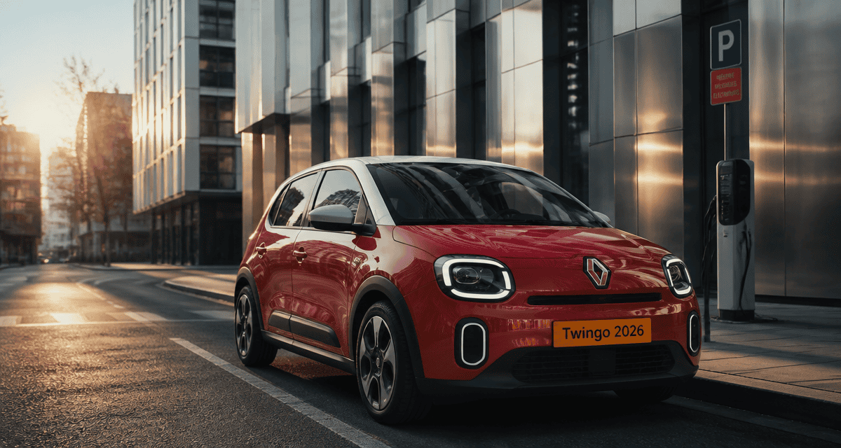Twingo 2026 électrique rouge sport garée en ville