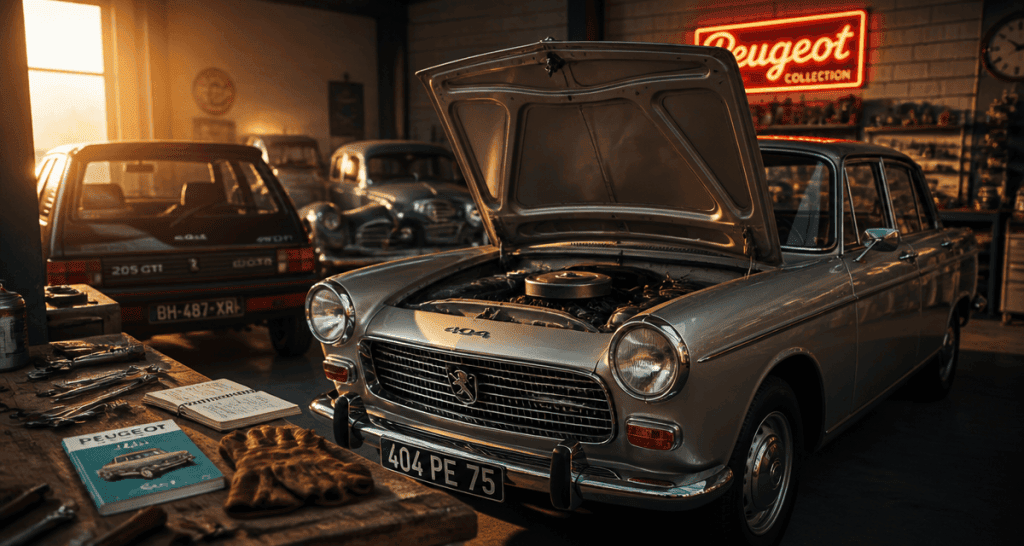 ancienne peugeot 404 capot ouvert dans garage rétro