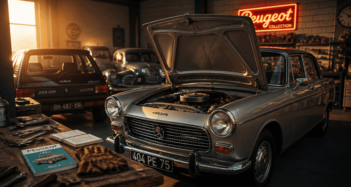 ancienne peugeot 404 capot ouvert dans garage rétro