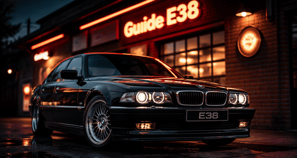 bmw e38 noire stationnée garage néons
