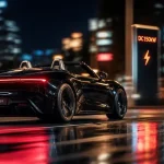 Cabriolet electrique noir, capote ouverte, 507 km autonomie, recharge DC rapide