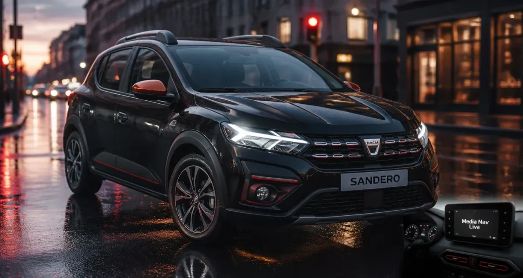 dacia sandero nouvelle Eco-G 120 sur route urbaine humide au crépuscule