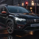 dacia sandero nouvelle Eco-G 120 sur route urbaine humide au crépuscule