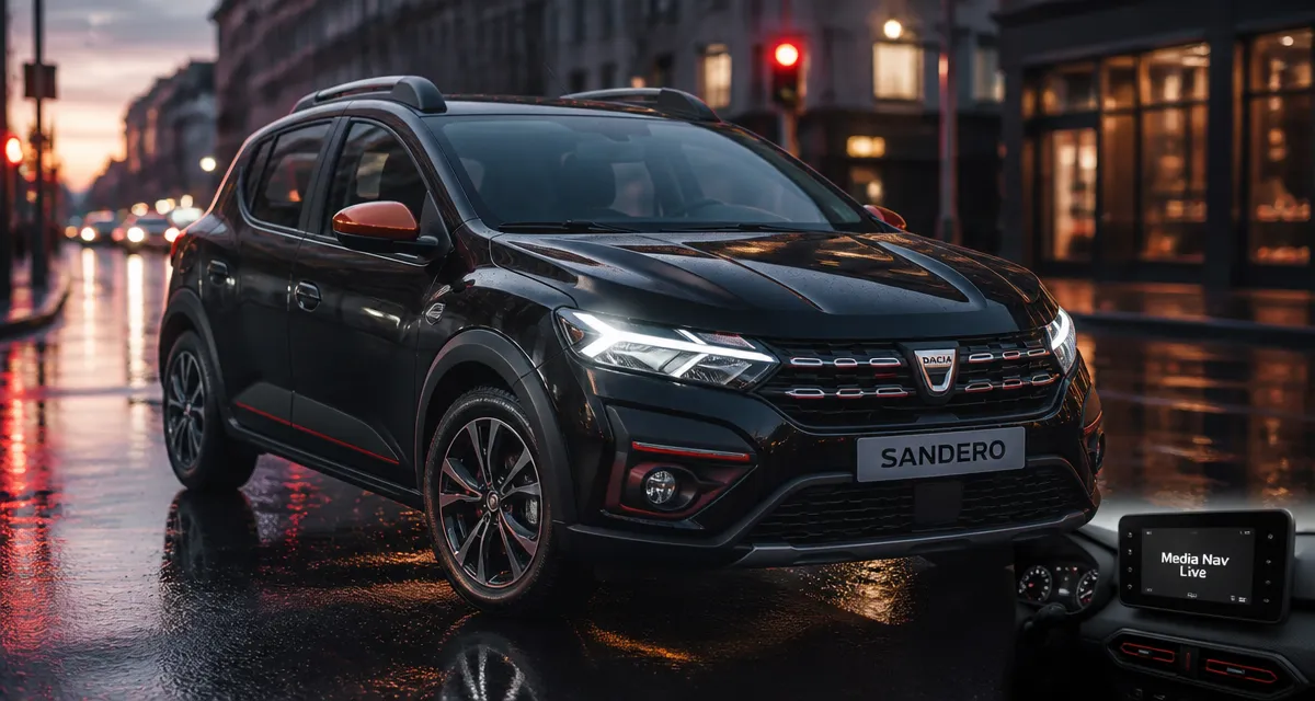 dacia sandero nouvelle Eco-G 120 sur route urbaine humide au crépuscule