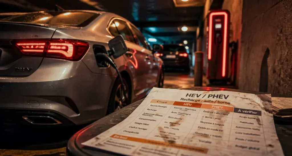 Différence entre hybride et hybride rechargeable : HEV vs PHEV, prise de recharge