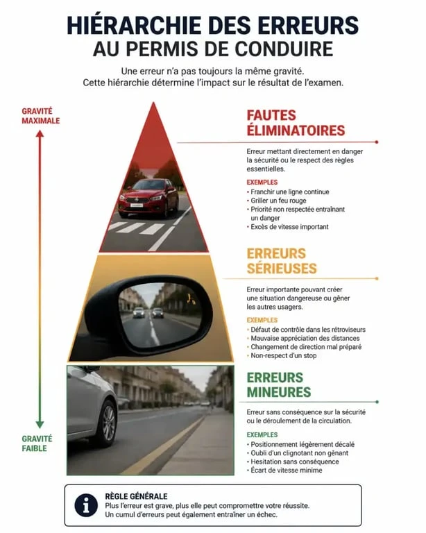 Hiérarchie des fautes au permis de conduire : mineure, sérieuse et éliminatoire pour comprendre si une faute éliminatoire permet d'obtenir son permis.