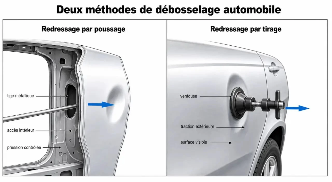 Schéma explicatif des techniques de redressage de carrosserie : poussage et tirage