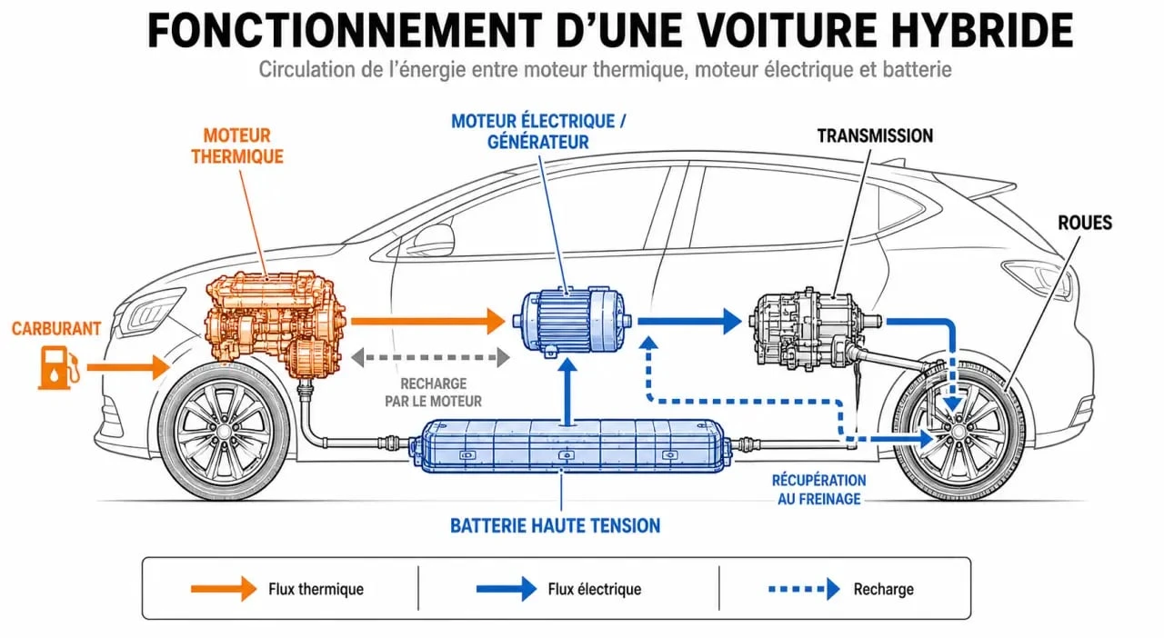 Schéma explicatif du fonctionnement d'une voiture hybride et des flux d'énergie