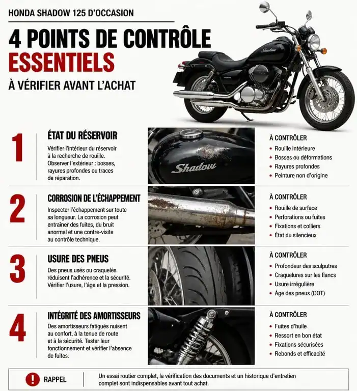 Infographie des points de contrôle pour l'achat d'une Honda Shadow 125 d'occasion