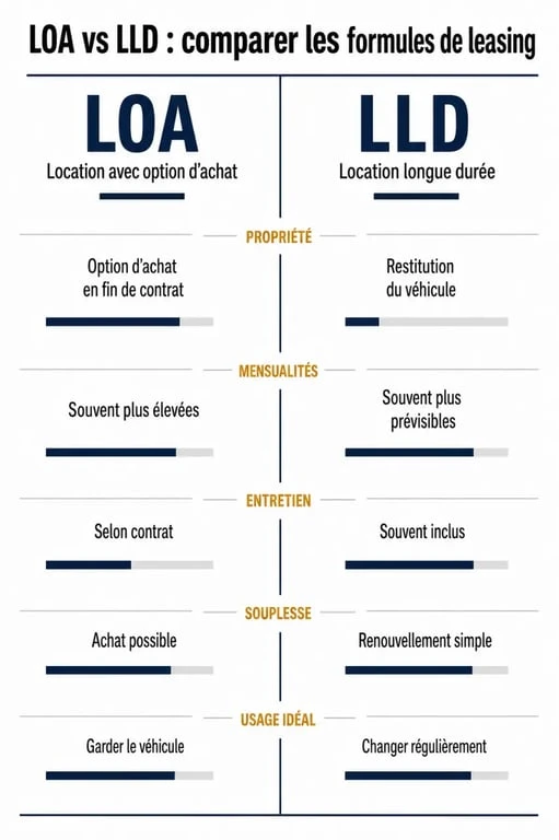 Infographie comparative entre LOA et LLD pour le leasing de voiture hybride