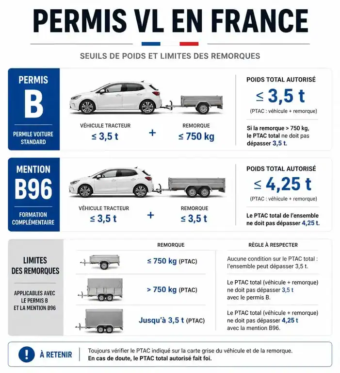 Infographie des seuils de poids et catégories du permis VL en France
