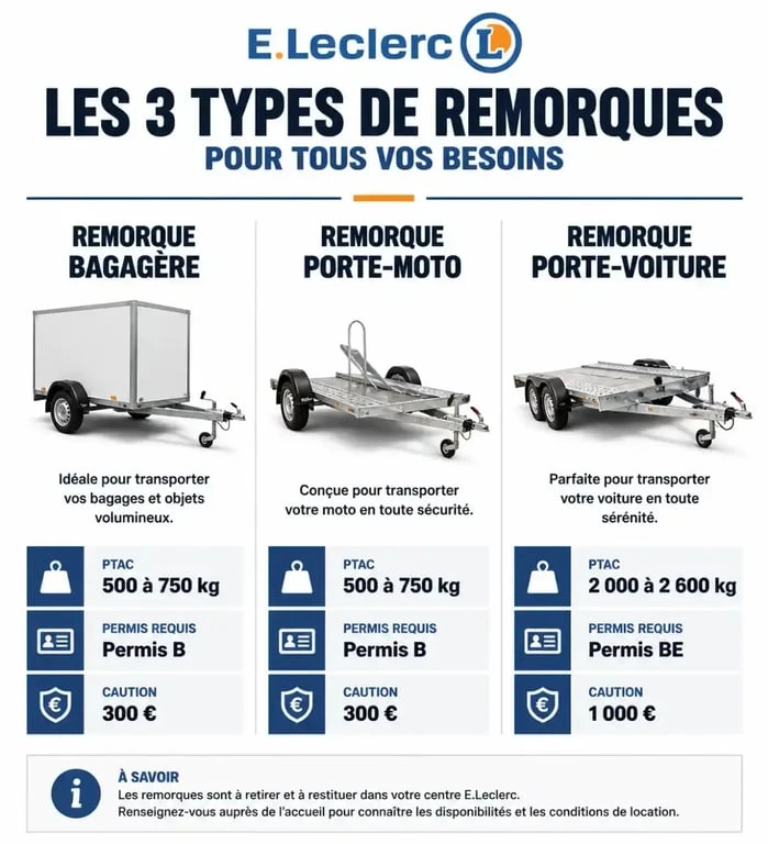 Tableau récapitulatif des types de remorques disponibles en location chez E.Leclerc avec permis et caution