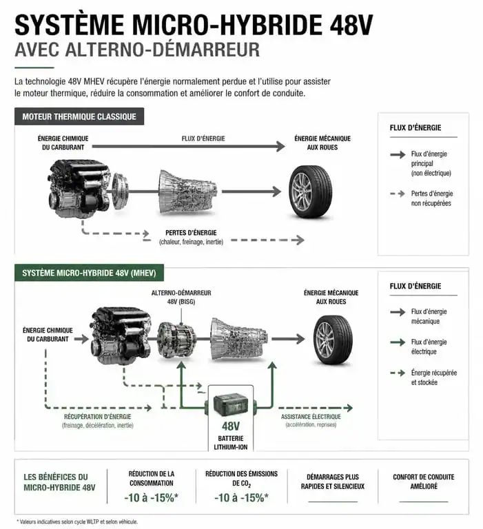 Schéma explicatif du fonctionnement d'une voiture micro-hybride et de son système 48V