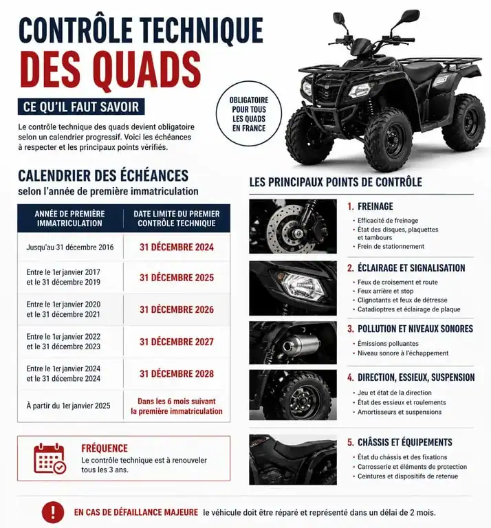 Infographie récapitulative du contrôle technique quad : calendrier et points de contrôle obligatoires en France