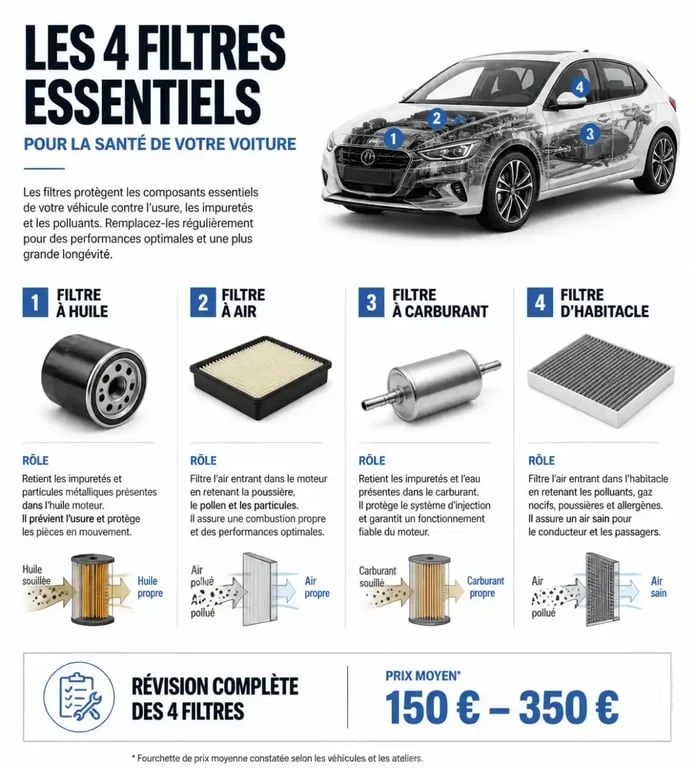 Infographie des prix et des 4 filtres pour une vidange complète avec tous les filtres