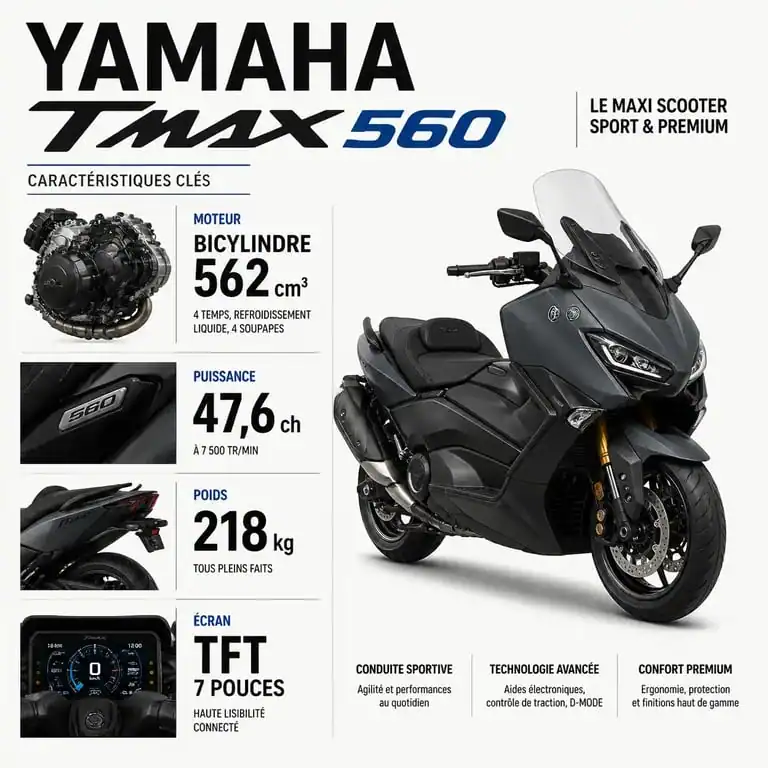 Infographie des caractéristiques techniques du scooter Yamaha TMAX 560