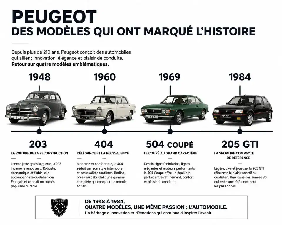 Frise chronologique des modèles de collection ancienne Peugeot