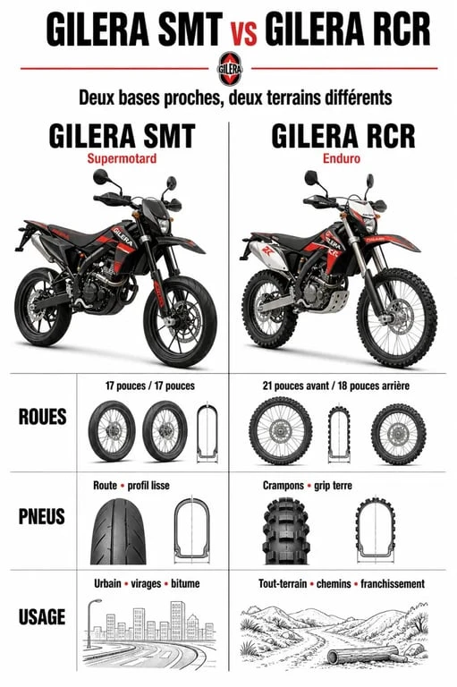 Infographie comparative des modèles Gilera 50cc SMT et RCR : différences techniques et usages
