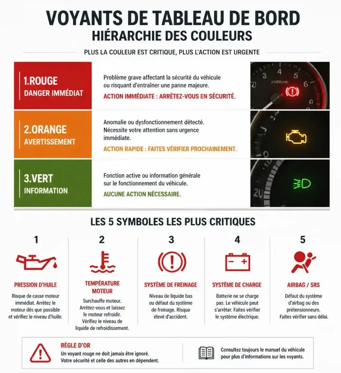 Infographie explicative sur la signification des voyants du tableau de bord de voiture et leur code couleur