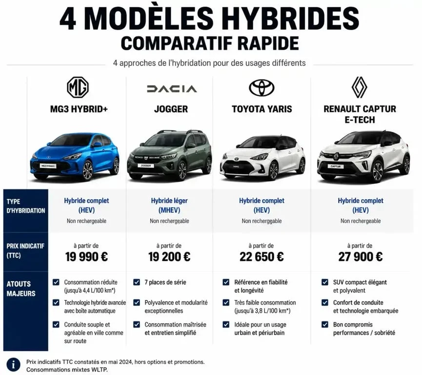 Tableau comparatif des meilleures voitures hybrides rapport qualité-prix
