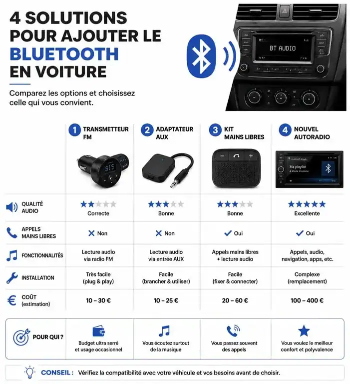 Infographie comparative des solutions pour installer le Bluetooth dans sa voiture