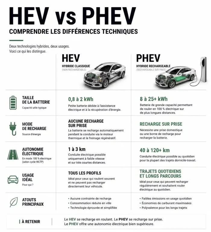 Infographie comparative entre voiture hybride classique et hybride rechargeable pour comprendre la différence entre hybride et hybride rechargeable