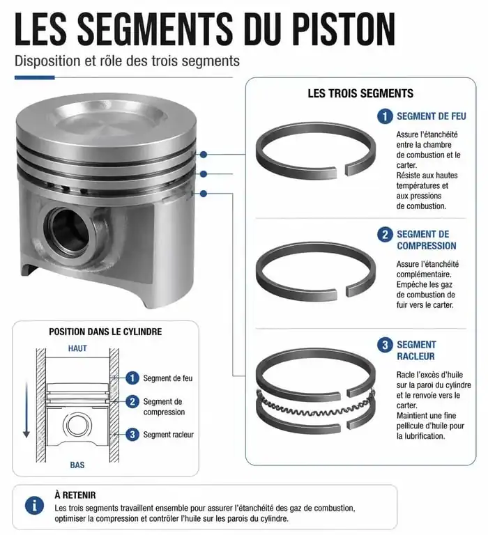 Schéma technique des trois segments d'un piston moteur : feu, compression et racleur