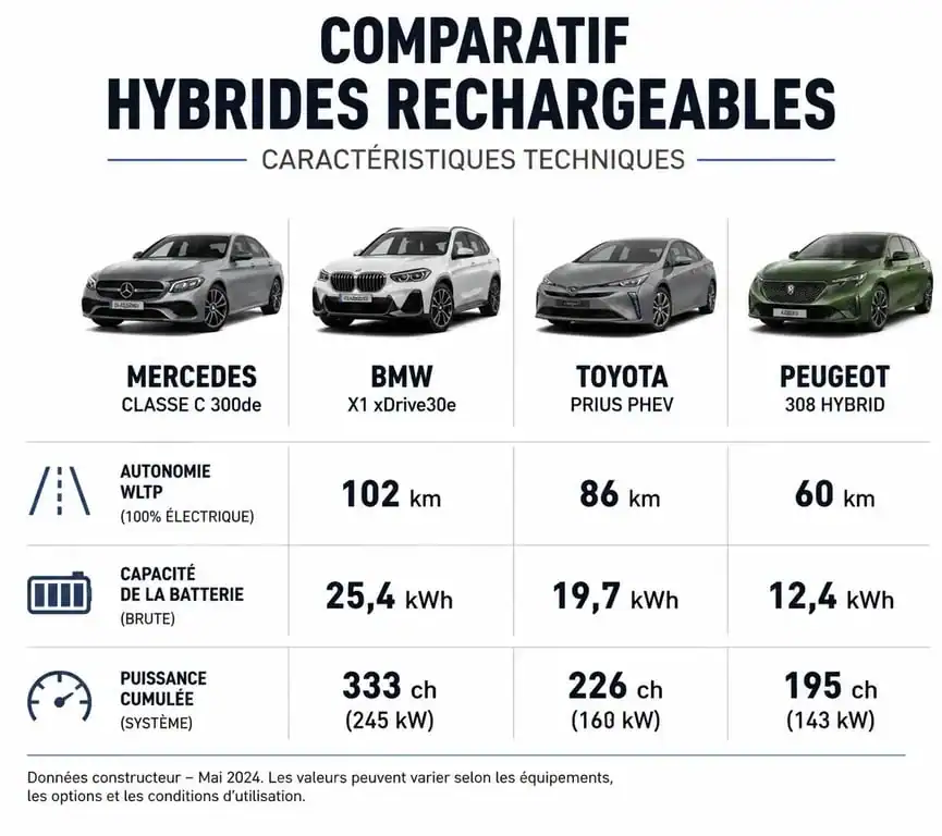 Comparatif des caractéristiques techniques du meilleur hybride rechargeable : Mercedes, BMW, Toyota et Peugeot.
