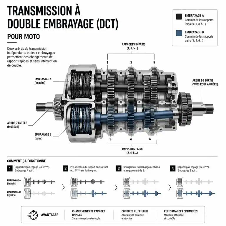 Schéma de fonctionnement d'une transmission automatique DCT sur une moto automatique