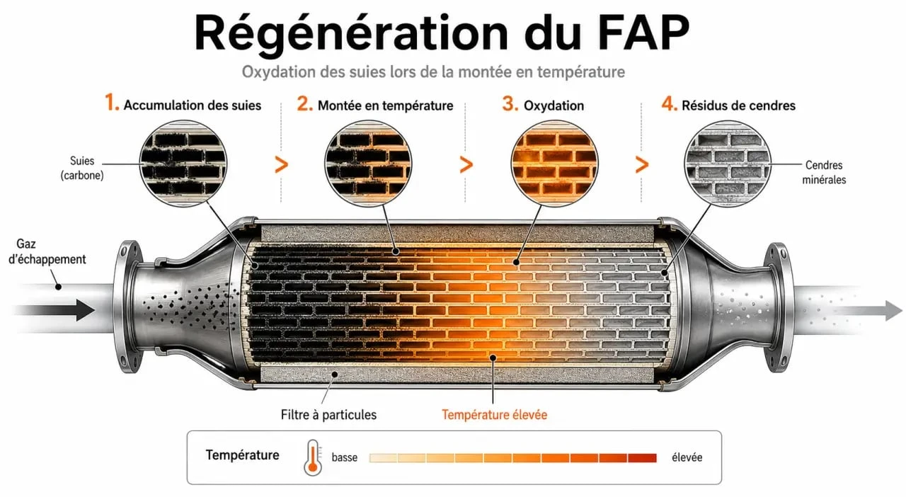 Schéma explicatif du fonctionnement et de la régénération du filtre à particules (FAP) pour éviter le risque de colmatage