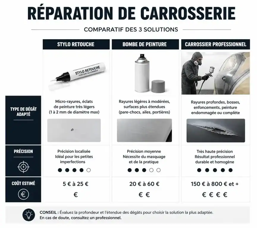 Comparatif des méthodes de réparation de carrosserie : stylo retouche peinture, bombe et carrossier