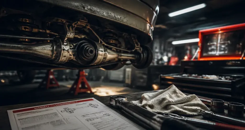 Essieu voiture arrière sur chandelles, diagnostic atelier