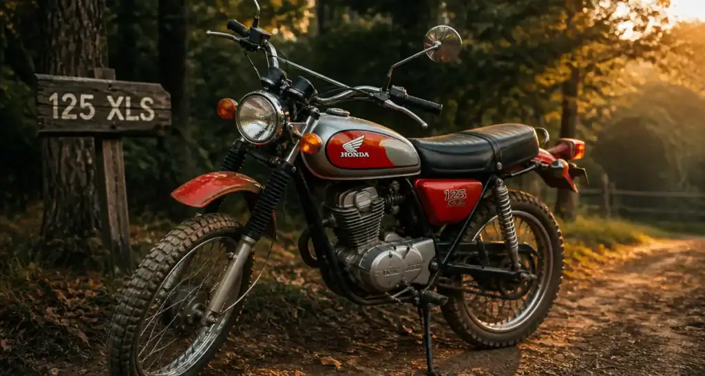 honda 125 xls rouge vintage garée forêt